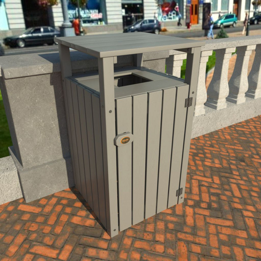 Commercial Trash Can With Hood, Coastal Teak