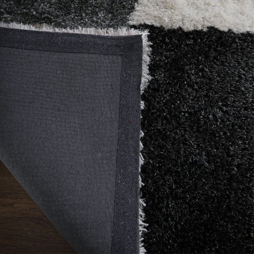 HAND TUFTED SHAG POLYESTER ECO-FRIENDLY AREA RUGS, Black Silver Color, Geometric