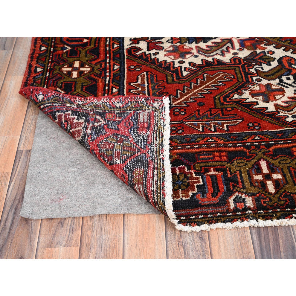 Crimson Red, Hand Knotted, Vintage Persian Heriz, Pure Wool Rug, 7'10"x11'