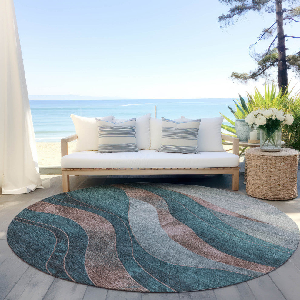 Machine Washable Indoor/Outdoor Chantille ACN1892 Teal 8' x 8' Round Rug