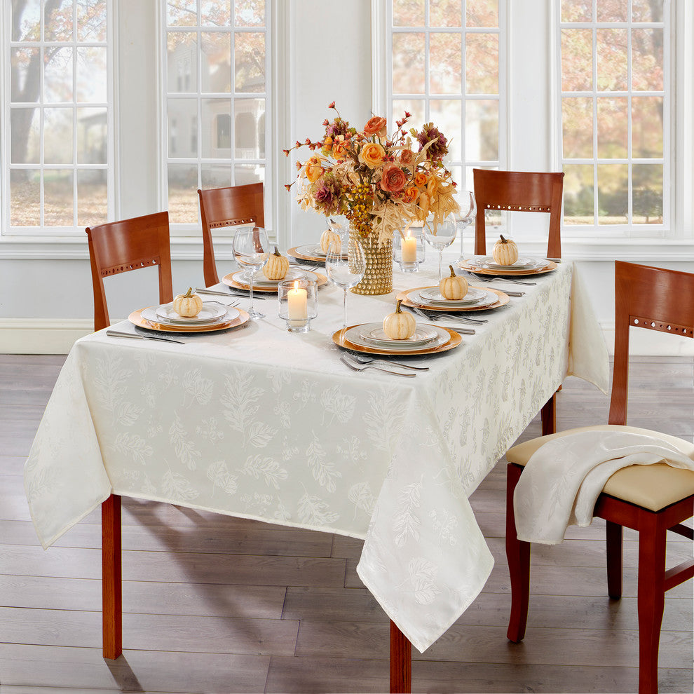Elegant Woven Leaves Jacquard Damask Tablecloth, Ivory, 60"x84" Oblong