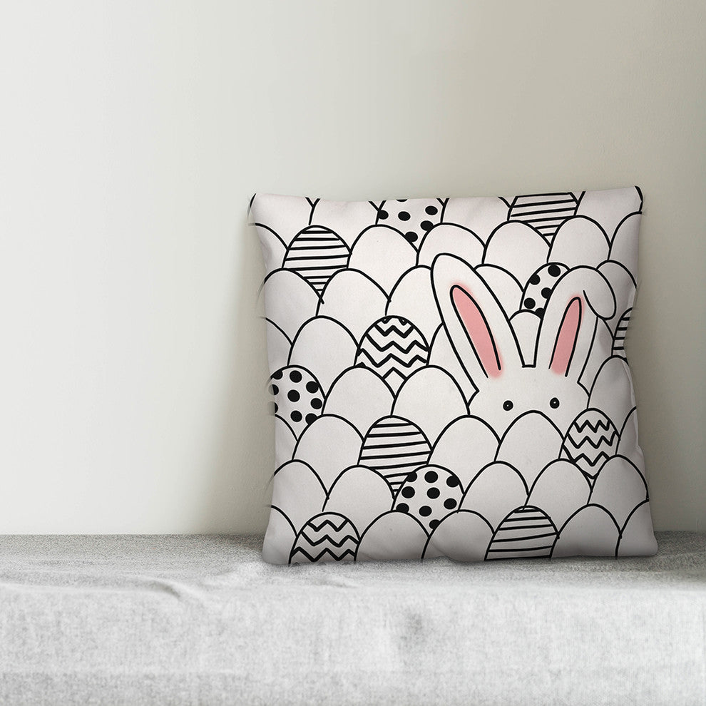 Black and White Egg Hunting Bunny 18x18 Throw Pillow