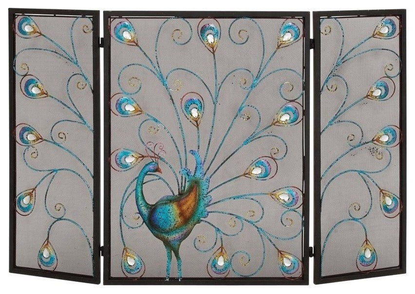 Benzara Peacock Themed Metal 3- Panel Fireplace Screen, Multicolor