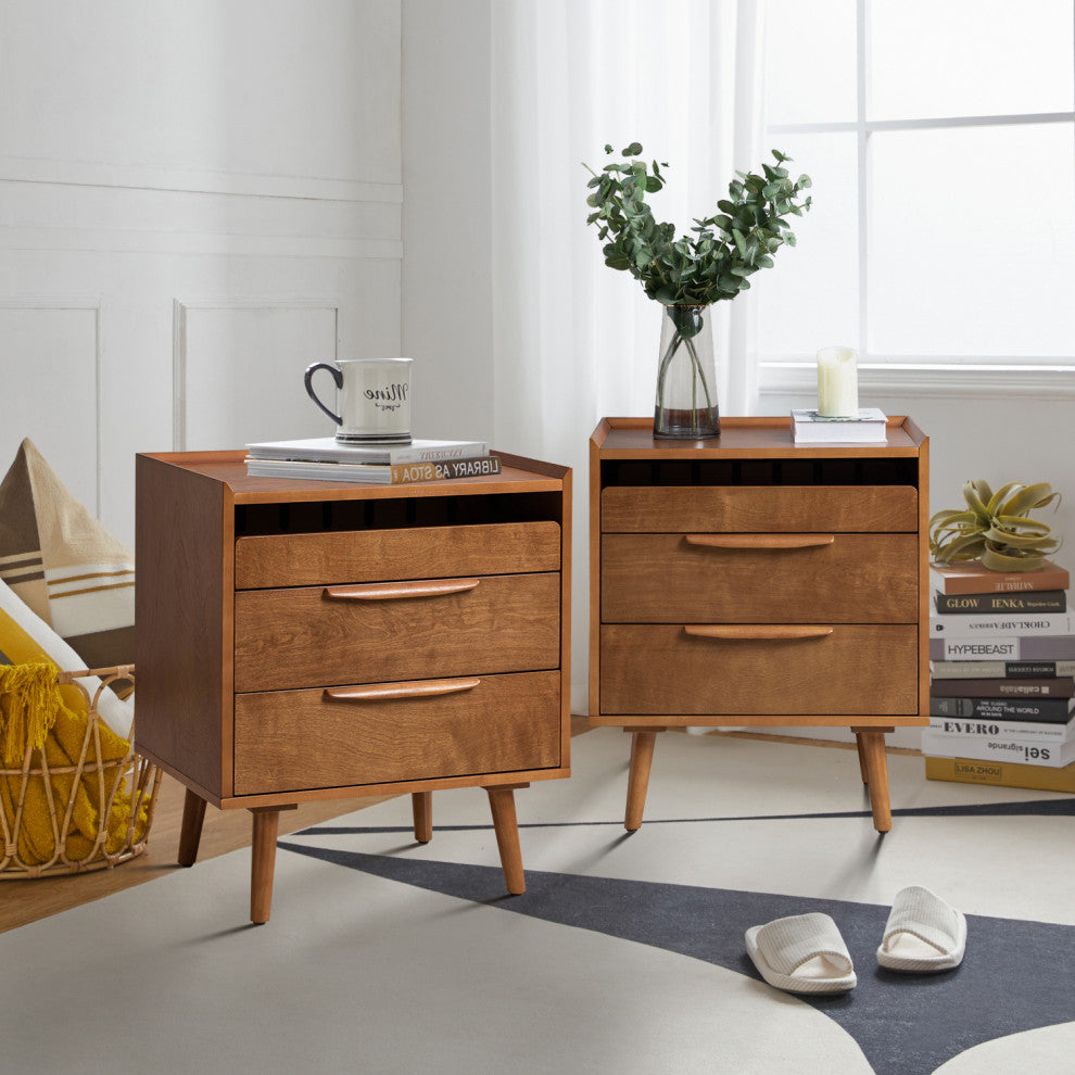 Mid-Century Modern 3-Drawer Nightstand Set With Charging Station, Acorn