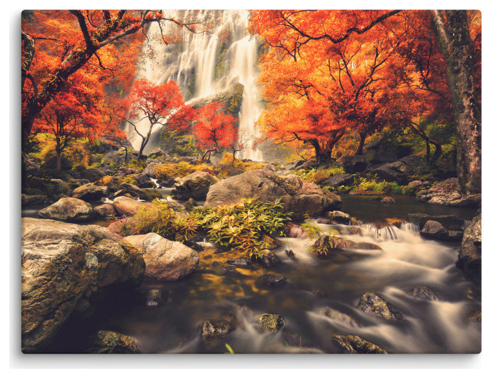 Waterfall in the Autumn Golden Shadow Effect Landscape Photo Canvas Art Print, 18" X 24"