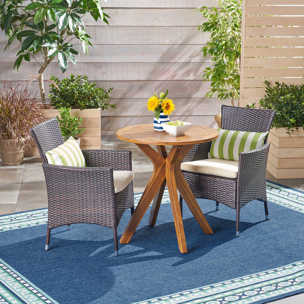 GDF Studio 3-Piece Poe Outdoor Teak Acacia& Wicker Bistro Set, Teak/Multi Brown
