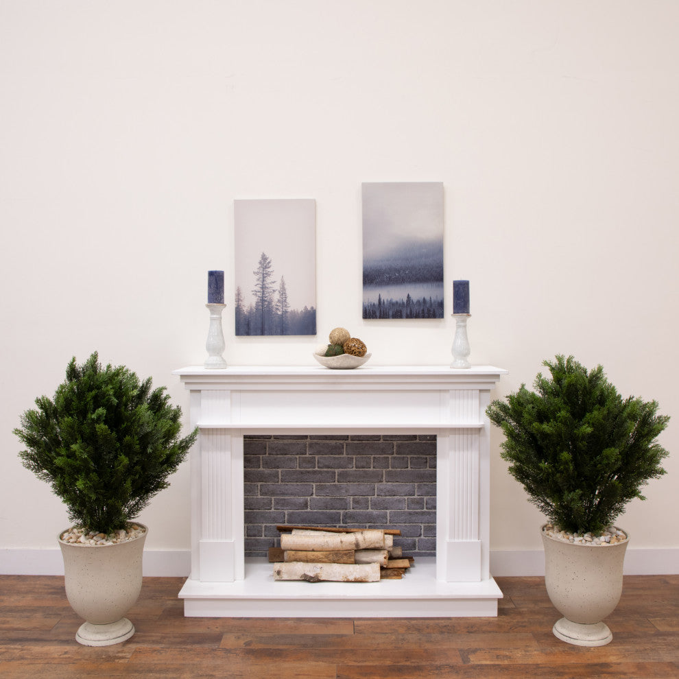Lifestyle scene with the two cedar trees flanking a fireplace in a home setting.