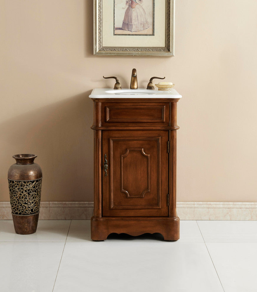 21" Single Bathroom Vanity, Teak, White and Brown Vein Marble Top