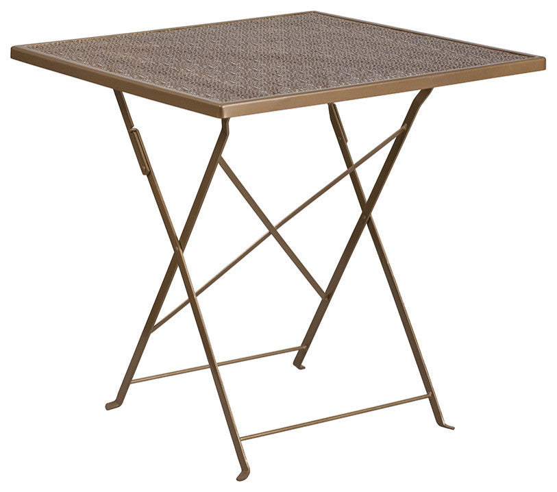 28" Square Gold Indoor-Outdoor Steel Folding Patio Table Set, 4 Back Chairs