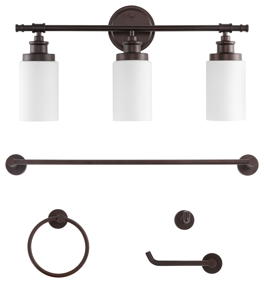 3-Light Classic Vanity, Frosted Glass Shades, Bathroom Accessory Set, 5-Piece