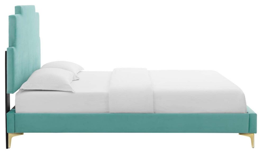 Platform Bed Frame, Full Size, Velvet, Blue, Modern Contemporary, Bedroom Master
