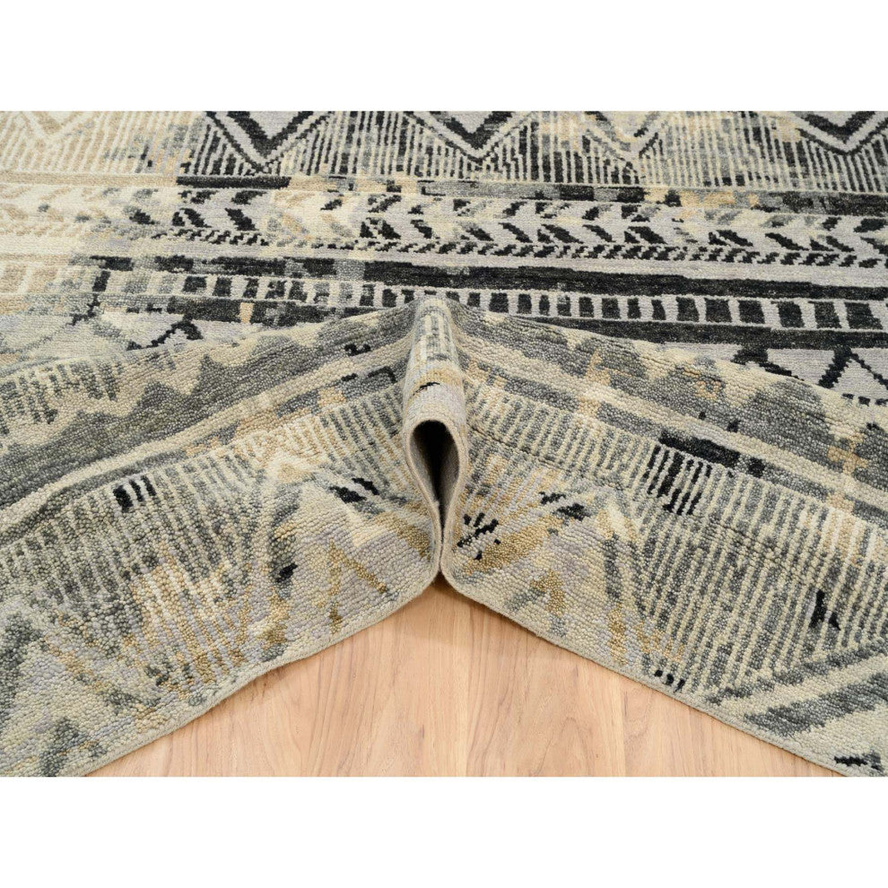 Gray, Erased Ethnic Geometric Design, Pure Wool Hand Knotted Rug, 9'9" x 13'10"