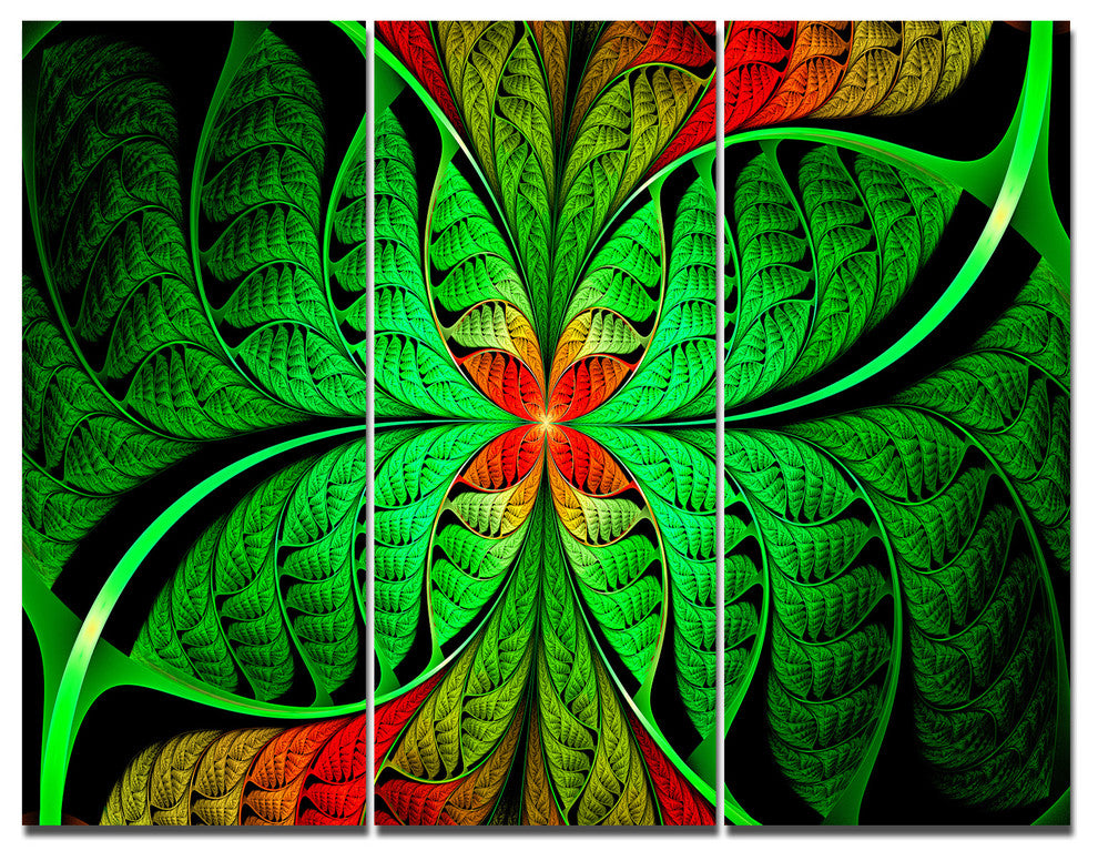Fractal Green Leaf Design, Abstract Triptych Canvas Art Print, 36x28, 3 Panels