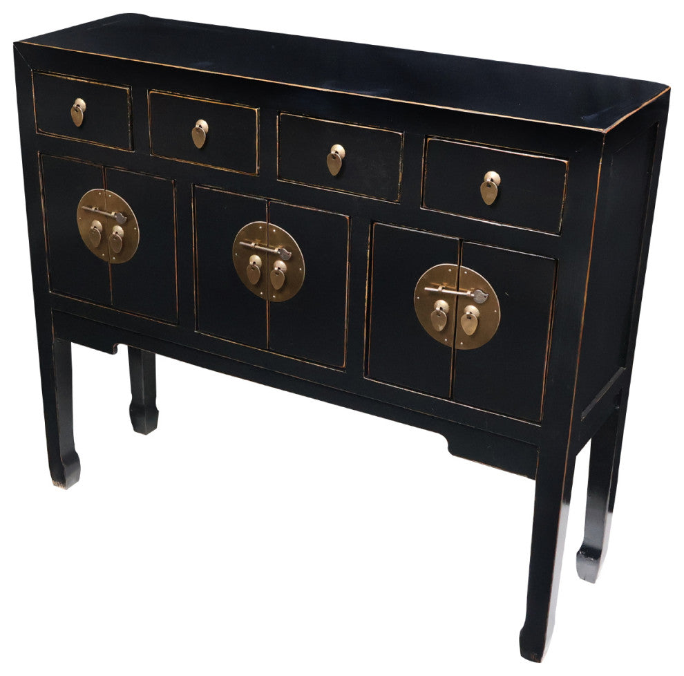 Chinese Console Lacquer Lady Chest, Black With Gold Highlight