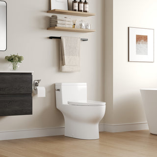 White One-Piece Toilet Comfortable Seat Height Single Efficient Flush 1.28 GPF