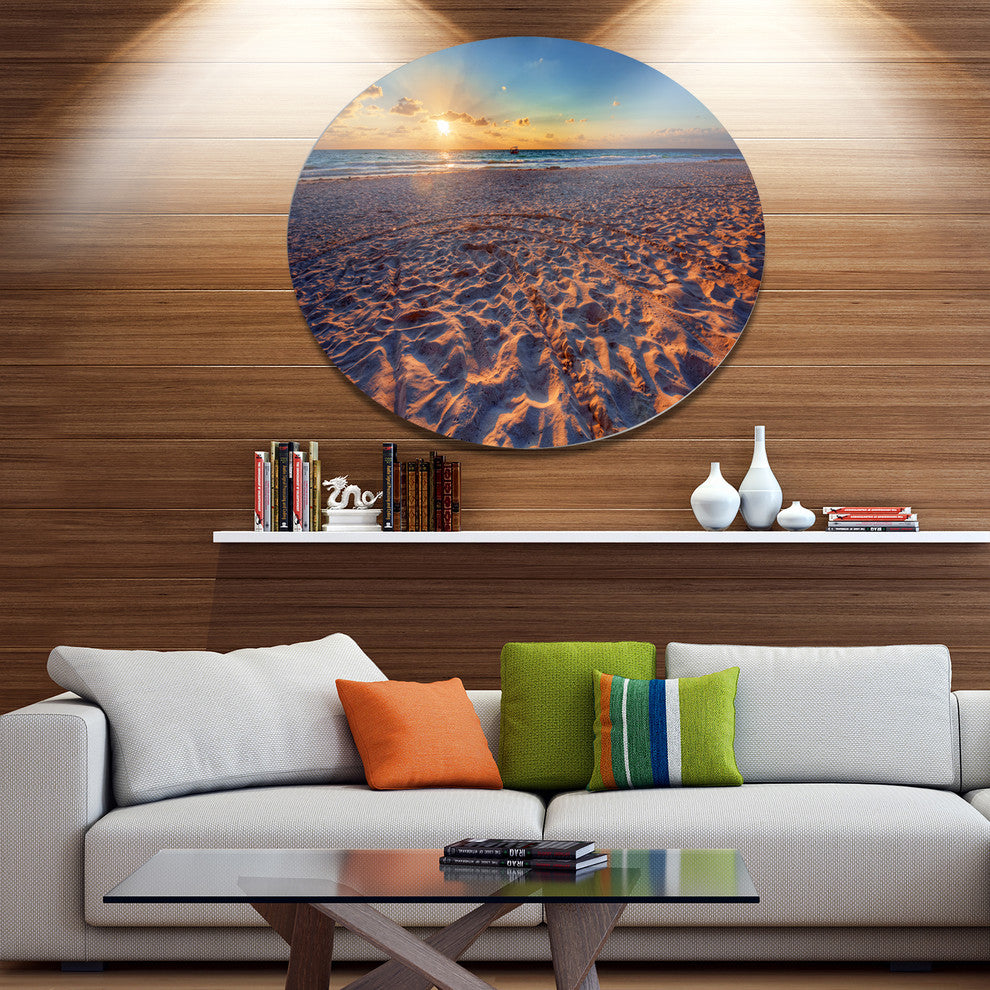 Trodden Sandy Beach At Sunset, Seashore Art Disc Metal Wall Art, 11"