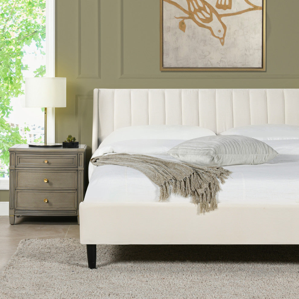Jennifer Taylor Home Aspen Channel Tufted Headboard Platform Bed, Cloud White Performance Velvet, King
