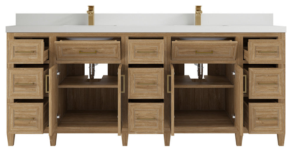 Santa Monica 84 Double Sink Bath Vanity in Whitewashed Teak 2" White Quartz
