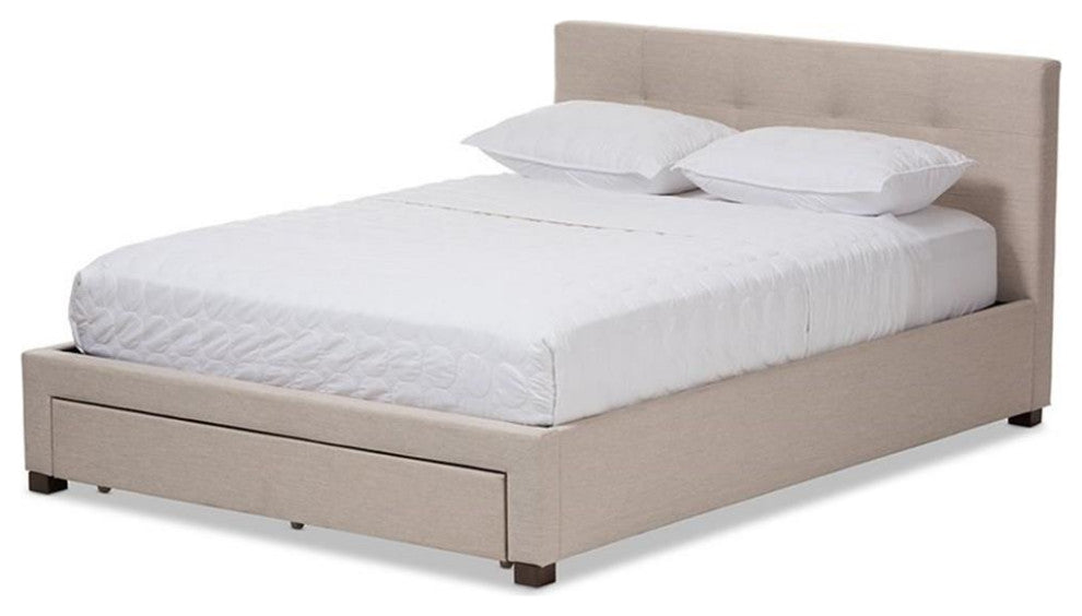 Brandy Light Beige Fabric Upholstered Queen Size Storage Platform Bed