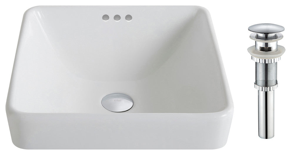 Elavo Ceramic Square Semi-Recessed White Sink, PU Drain Chrome