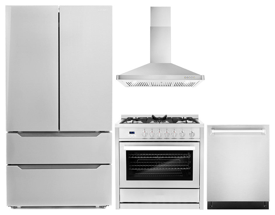 4-Piece, 36" Gas Range, 36" Range Hood, 24" Dishwasher and Refrigerator