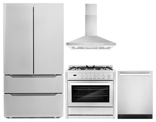 4-Piece, 36" Gas Range, 36" Range Hood, 24" Dishwasher and Refrigerator