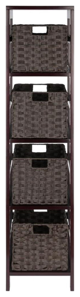 Leo 5-PieceStorage Shelf With 4 Foldable Woven Baskets, Espresso and Chocolate