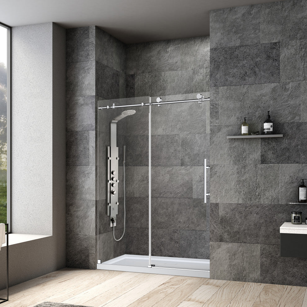 56"“60"Wx76" Frameless Sliding Shower Door With Clear Glass, Brushed Nickel