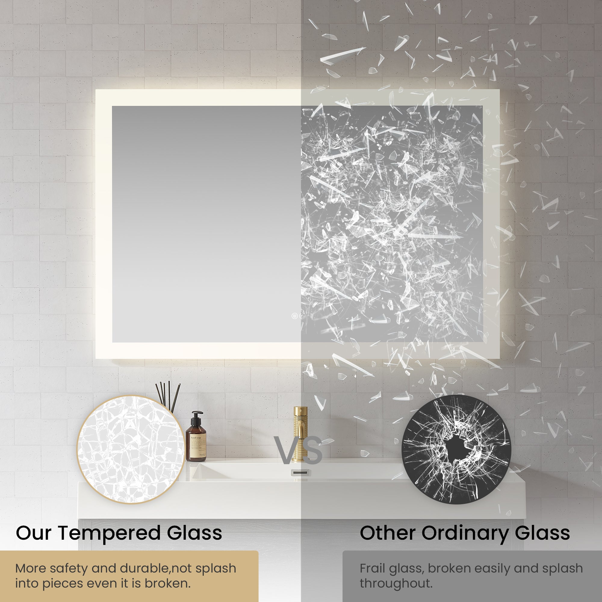 Beijing Rectangular Frameless LED Wall Bath Vanity Mirror, Acrylic, 48"w X 32"h