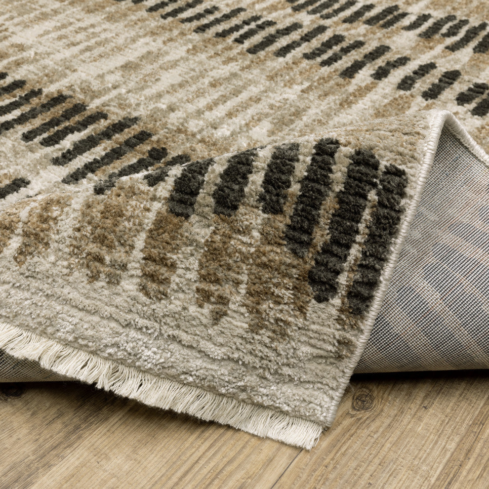 Banner Recycled P.E.T. Stripe Beige/Charcoal Fringed Area Rug, 6'7"x9'6"