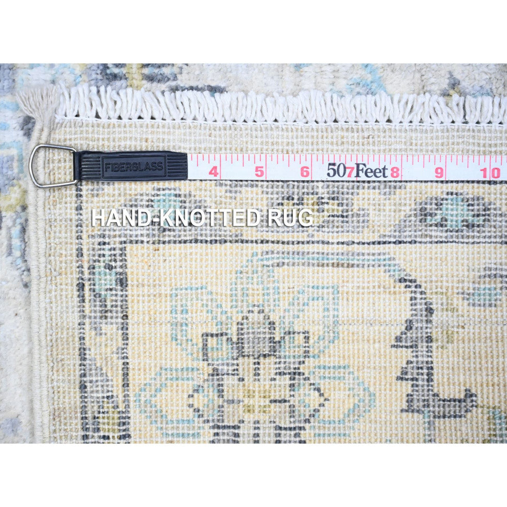 Gray Washed Out Peshawar With Motifs Soft Wool Hand Knotted Rug 3'11"x5'9"