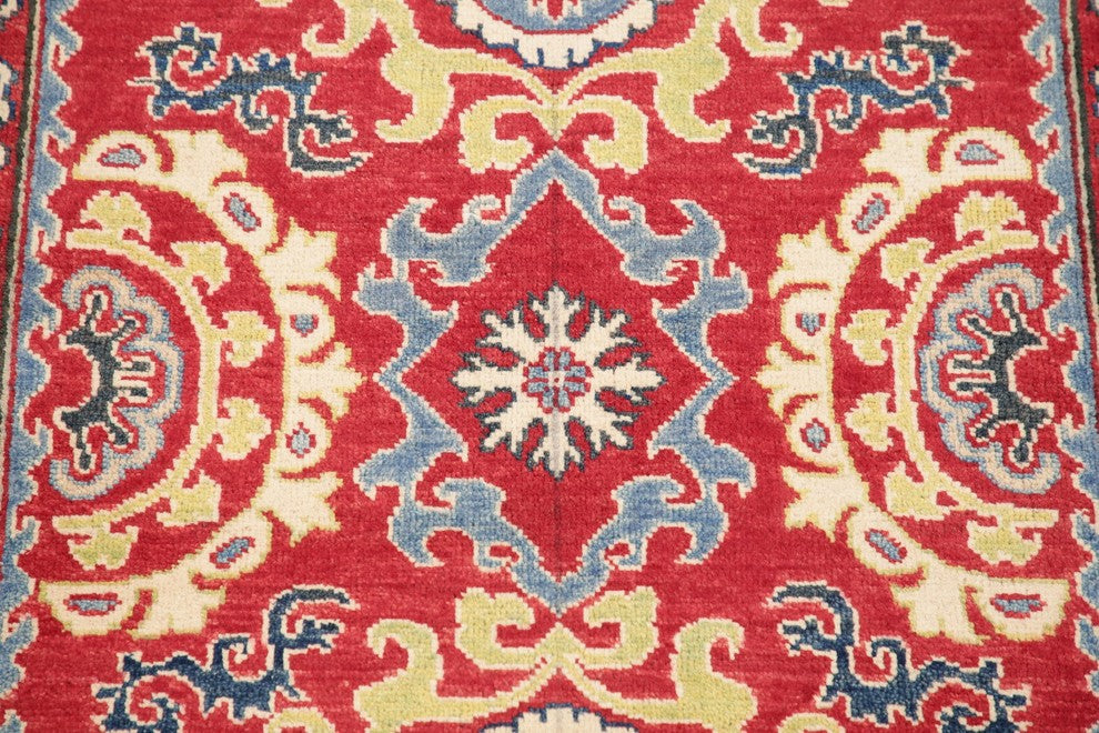 Traditional Oriental Wool Hand-Knotted Pakistani Kazak Area Rug, Red, 4'3"X2'9"