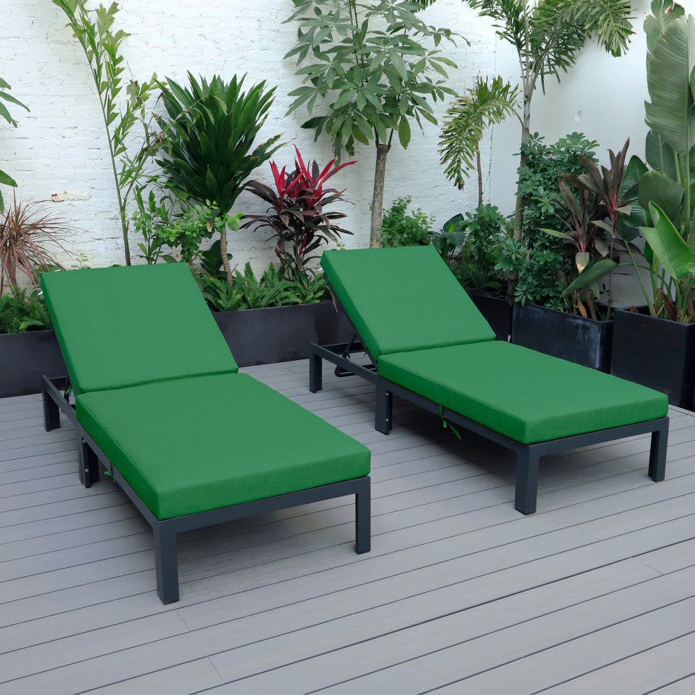 LeisureMod Chelsea Aluminum Chaise Lounge Chair With Cushions, Set of 2, Green