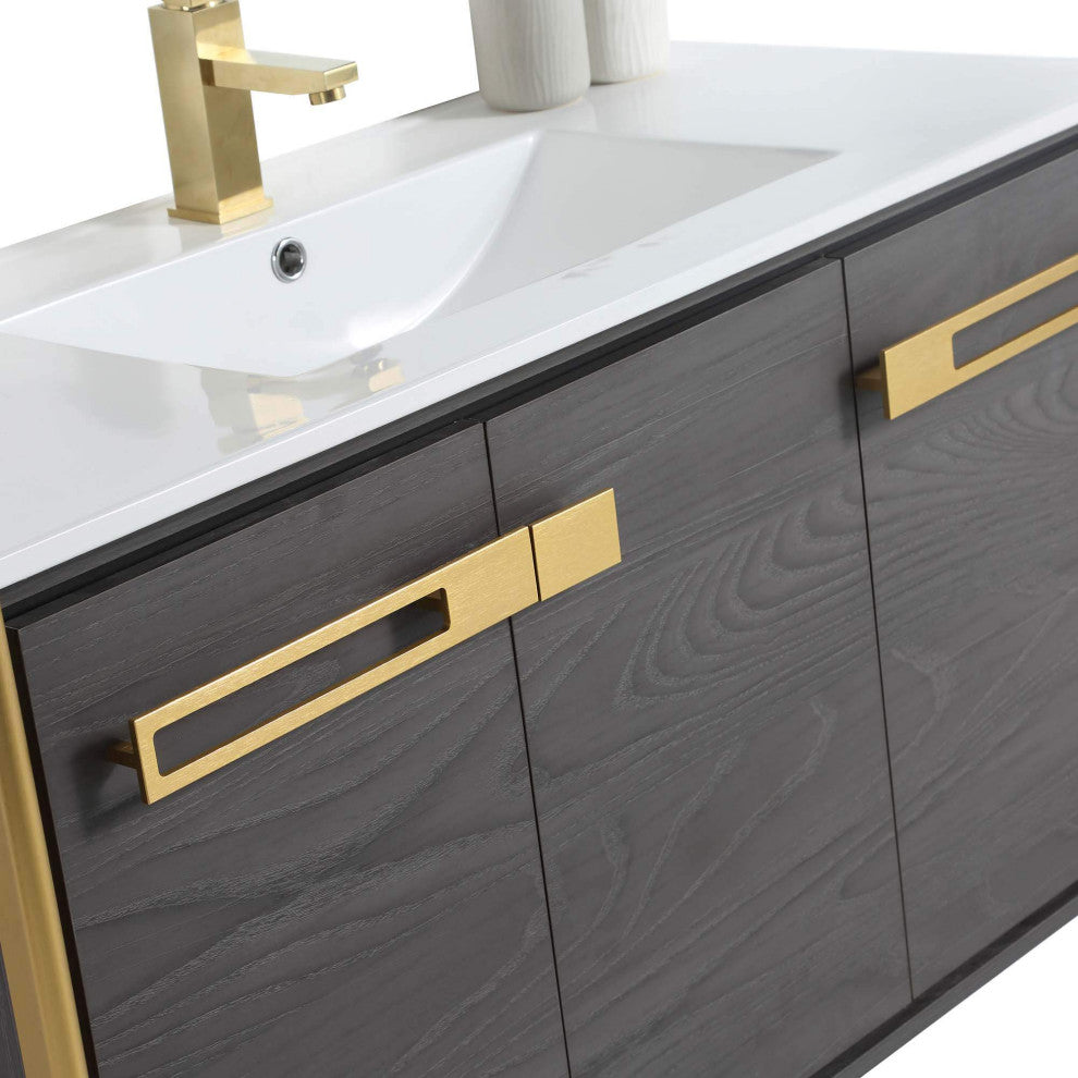 Oakville Bath Vanity, Ceramic Sink, Black Coal Oak, 42 Inch, Satin Brass Hardwar