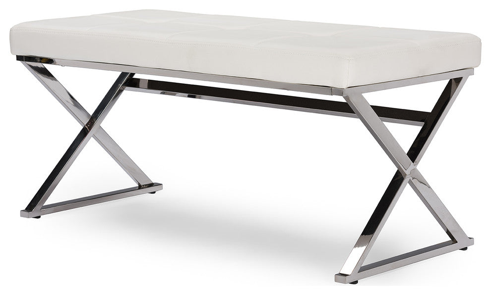 Herald Stainless Steel and White Faux Leather Upholstered Rectangle Bench