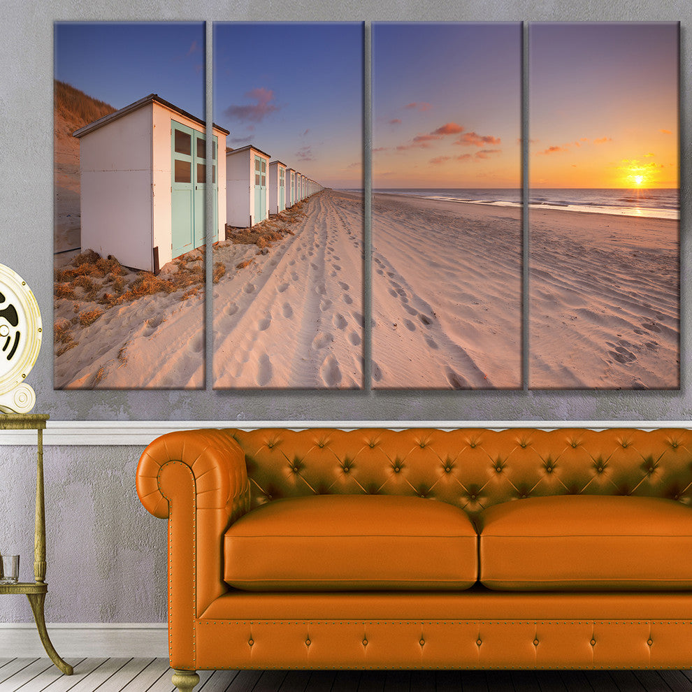 Row of Beach Huts at Sunset, Modern Landscape Canvas Art, 48"x28", 4 Panels