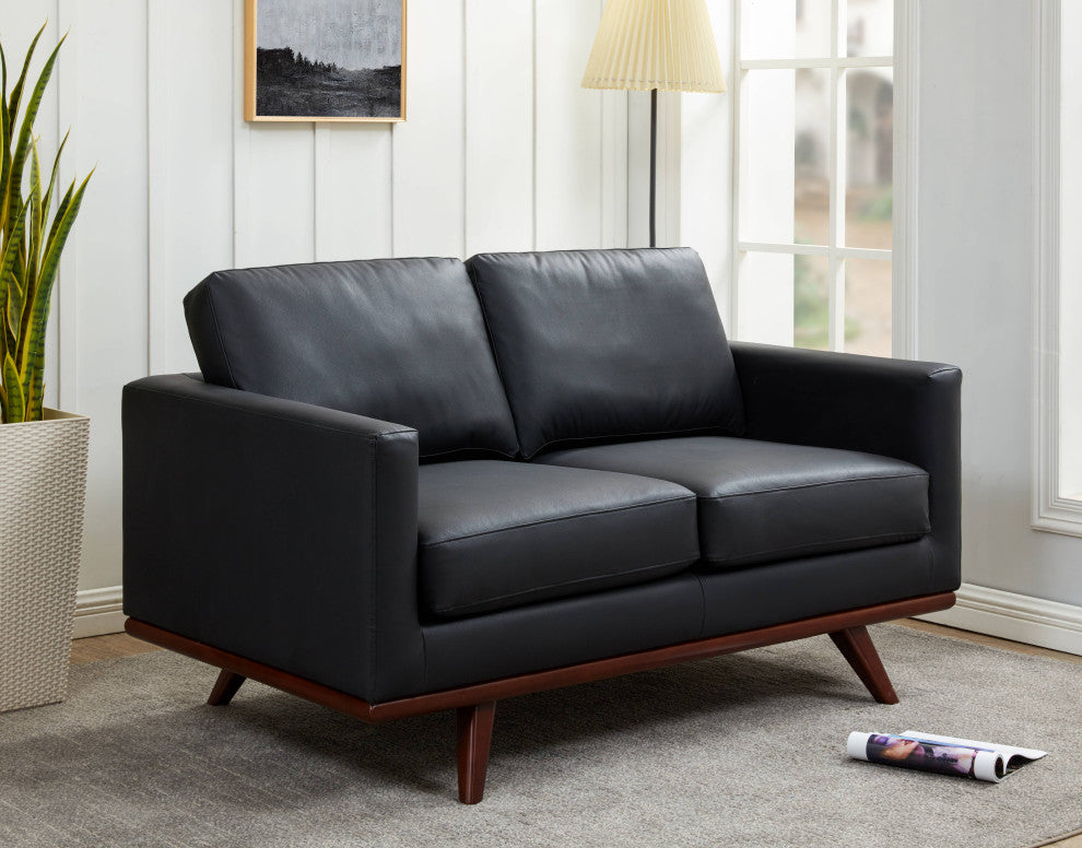 LeisureMod Chester Modern Leather Loveseat With Birch Wood Base, Black