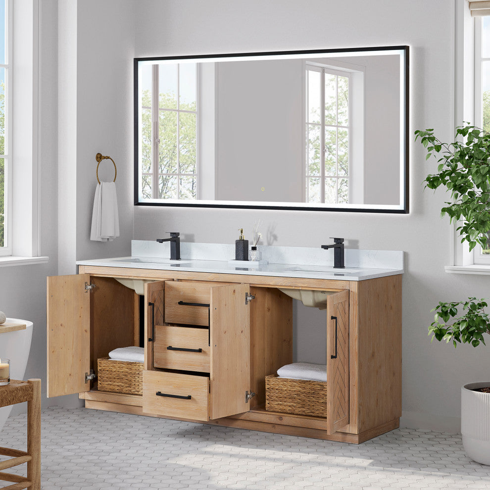 Anais Vanity Grain White Engineered Stone Countertop, Light Brown, 72", With Mirror