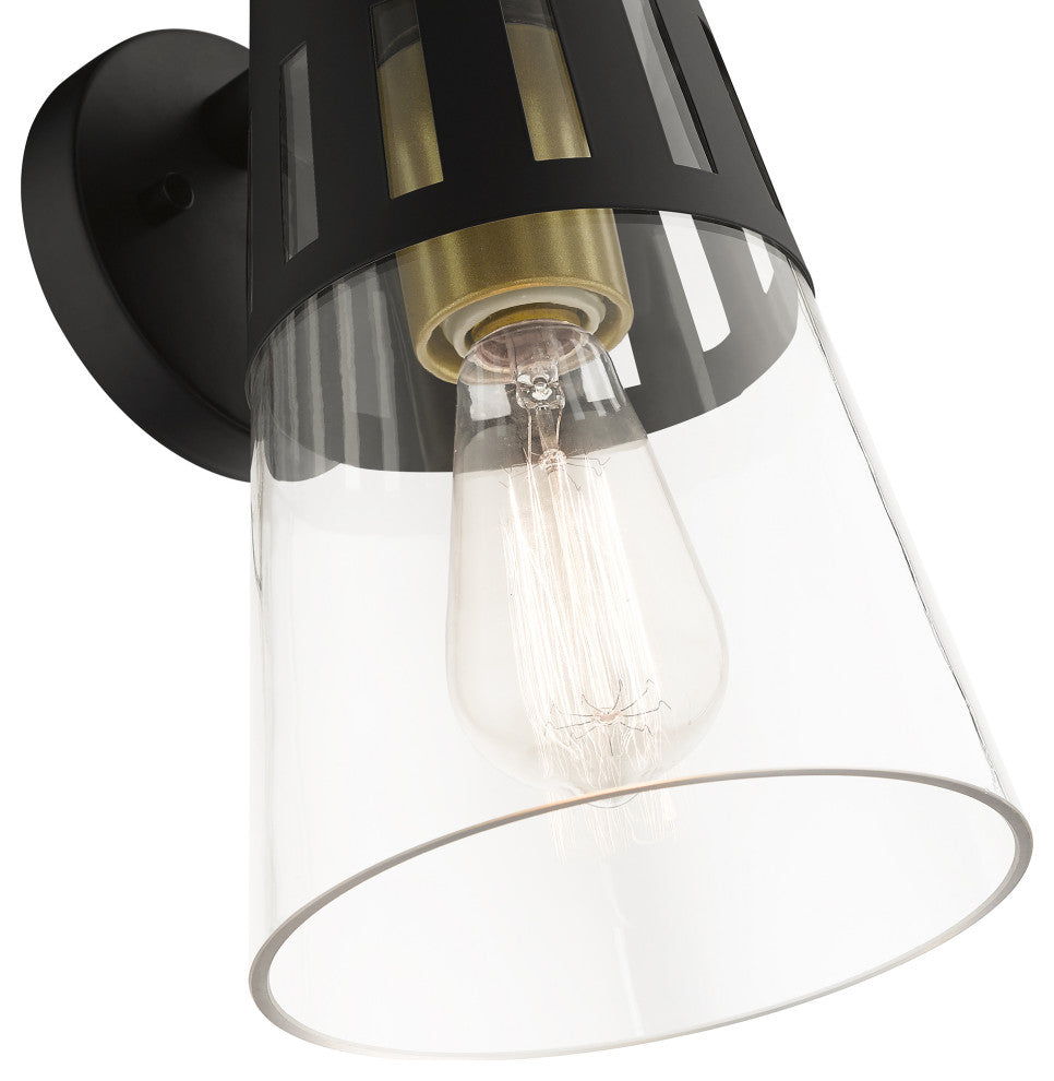 Covington 1-Light Black Outdoor Medium Wall Lantern, Soft Gold Accents