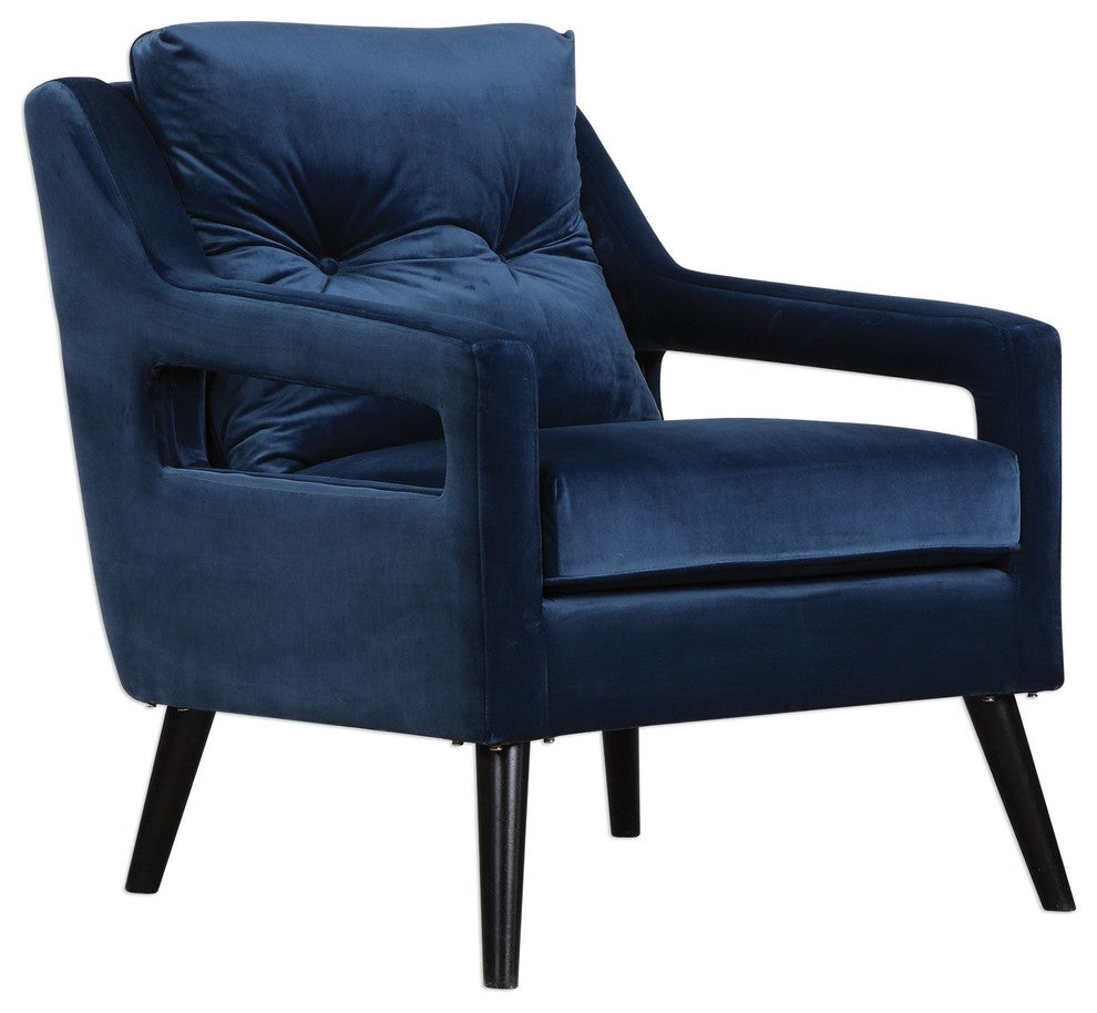 Retro Dark Blue Velvet Arm Chair, Vintage Plush Deep Danish