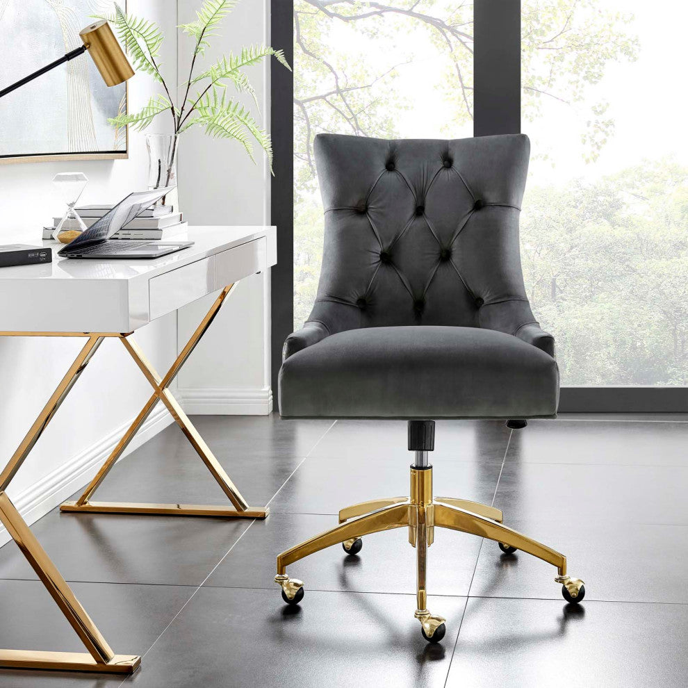 Computer Work Desk Tufted Chair, Velvet, Gold Gray, Home Business Office