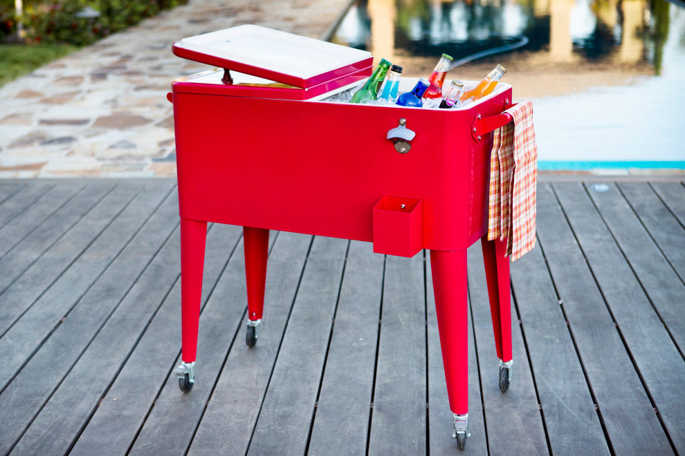 Permasteel 80 Quart Portable Rolling Patio Cooler, Red