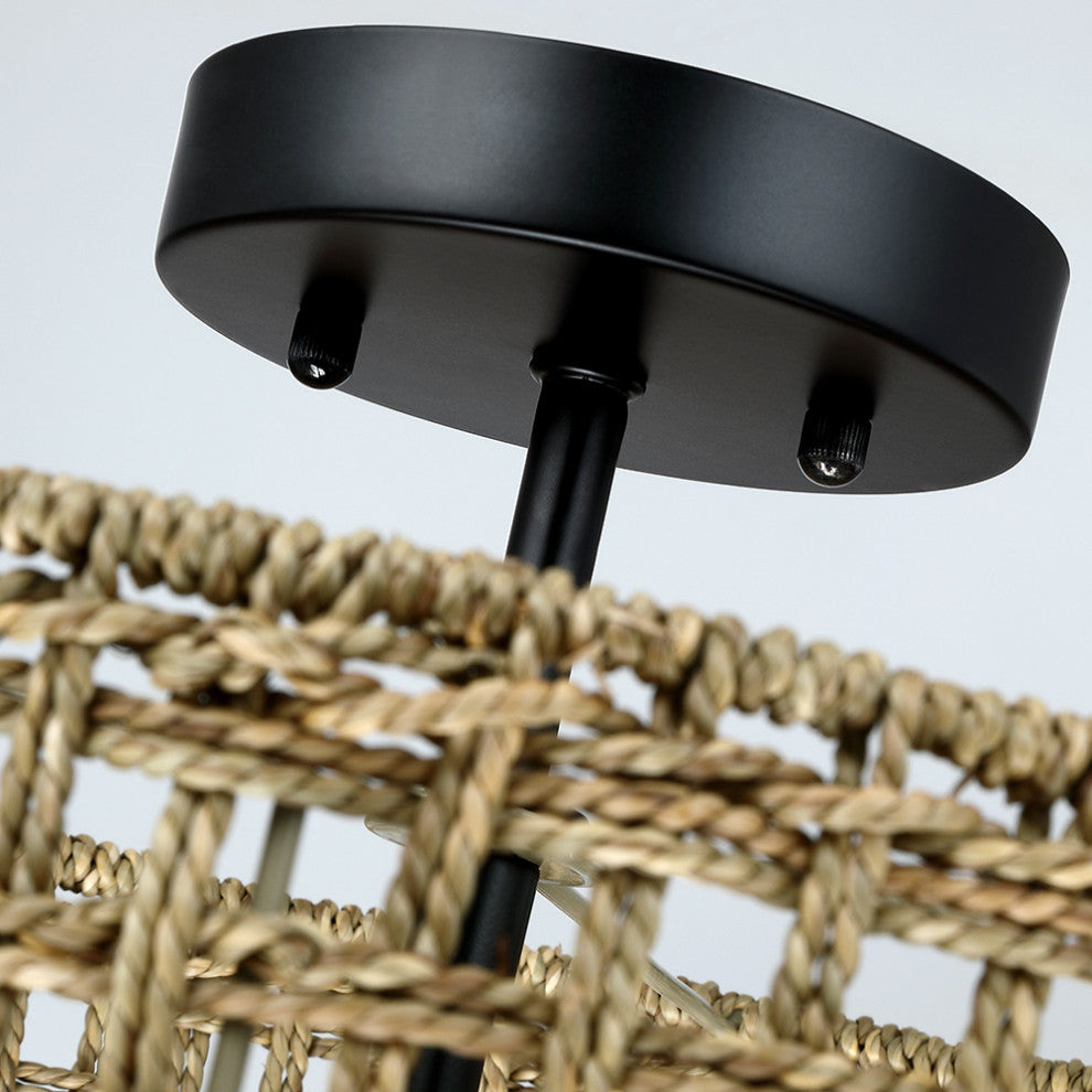14" W 2-Light Rattan Drum Semi-Flush Mount Ceiling Light
