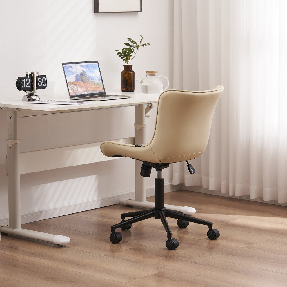Younike Armless Upholstered Faux Leather Rolling Office Chair, Beige