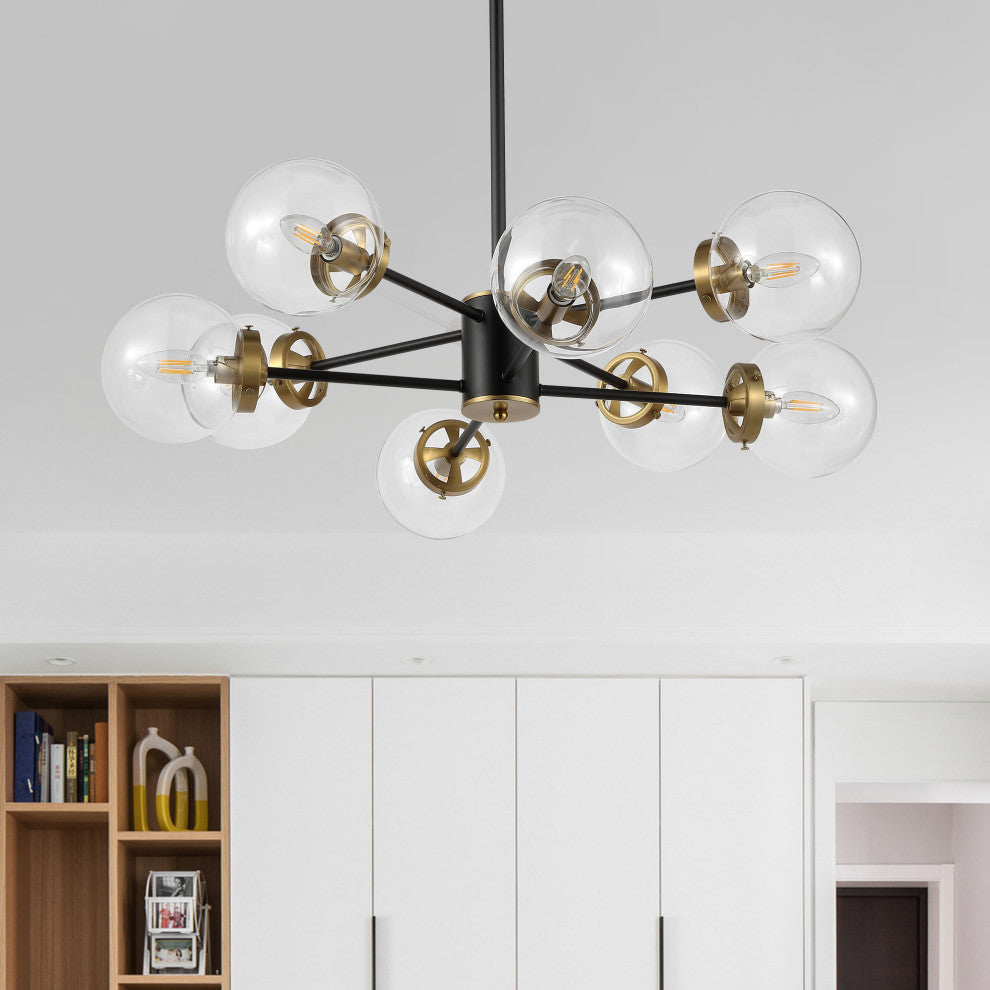 Modern 8-Light Sputnik Chandelier With Glass Globe Shades, Black, Clear Glass