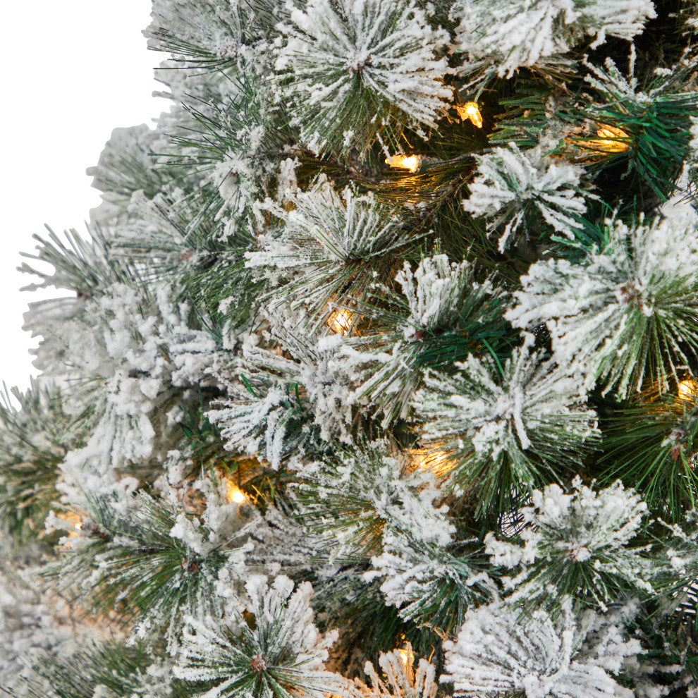 4' Flocked Oregon Pine Faux Xmas Tree W/100 Clear Lights & 215 Bendable Branches