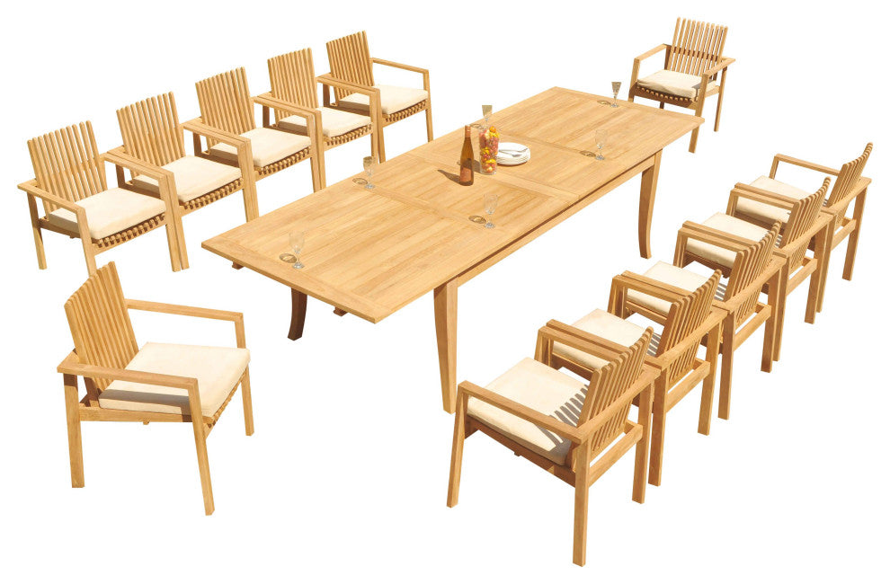 13-Piece Teak Dining Set: 122" X-Large Rectangle Table, 12 Clip Stacking Chairs