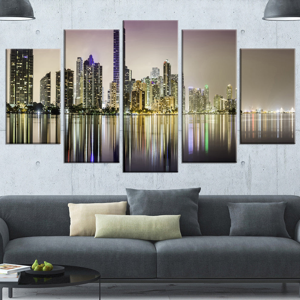 Miami Downtown Night Panorama, Purple, Canvas Print, 60"x32", 5 Panels