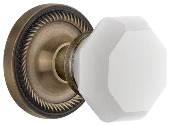 Rope Rosette Interior Mortise Waldorf White Milk Glass Knob, Antique Brass