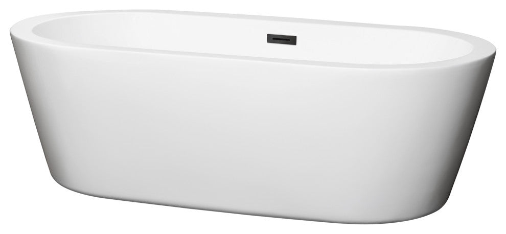 71" Freestanding Bathtub, White, Matte Black Drain and Overflow Trim